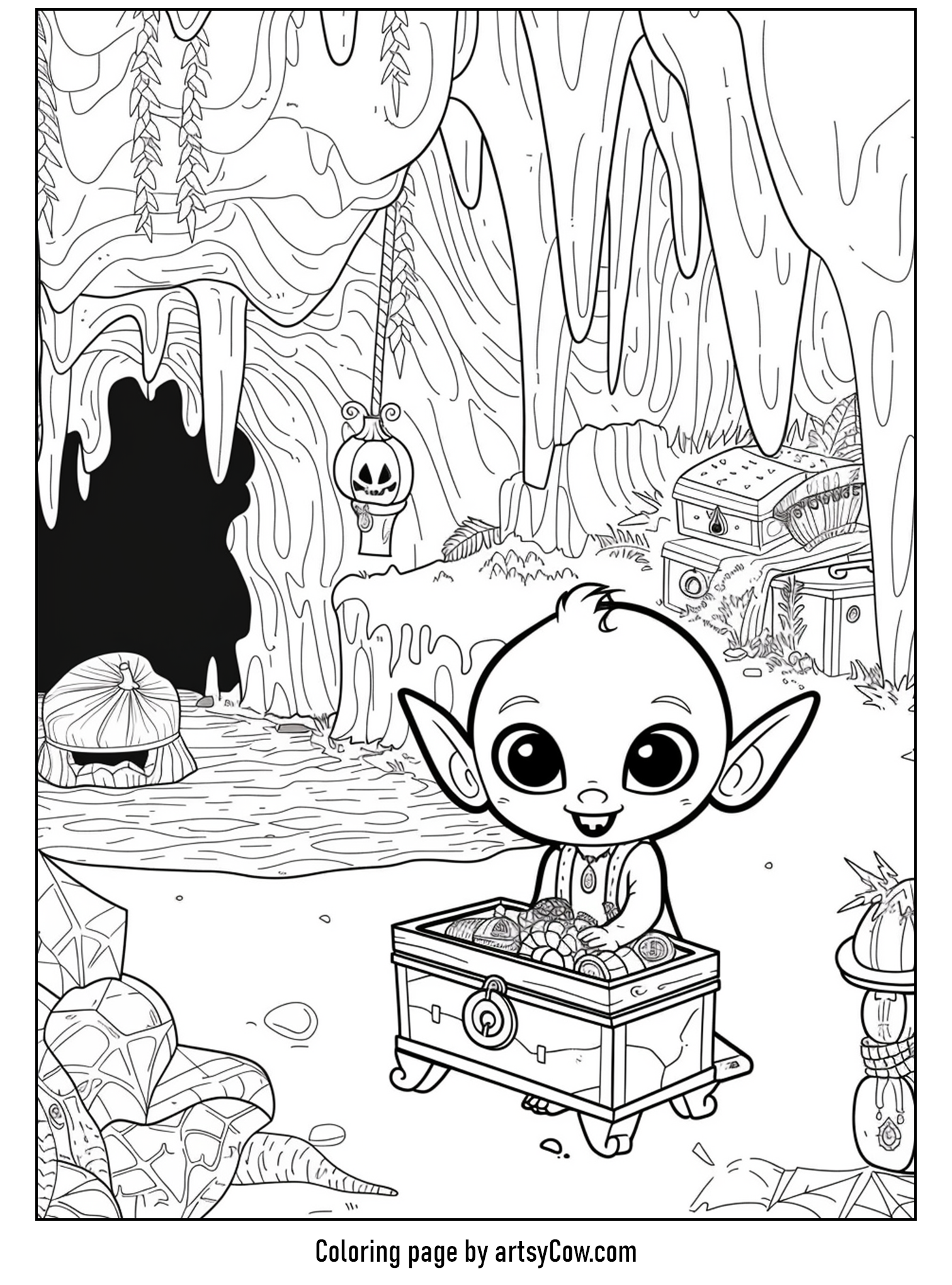 A cheerful goblin sitting on a treasure chest in a mystical forest